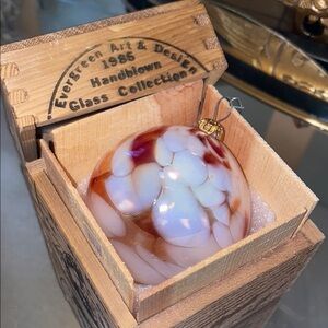 Box41 Vintage Evergreen Art Handblown Ash Glass Ornament in Wooden Box